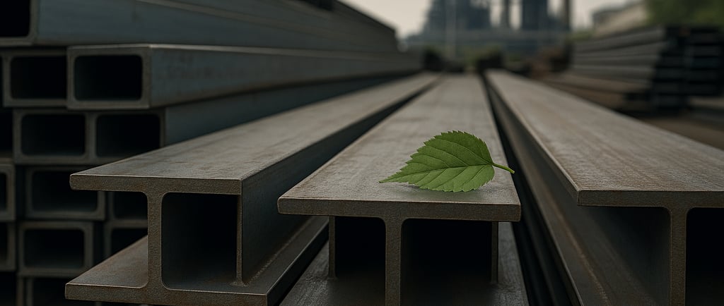 Steel I-beams with a green leaf, industrial plant in background.