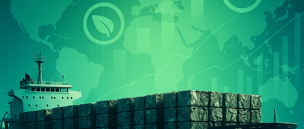 Cargo ship loaded with scrap metal against a green world map with carbon icons.