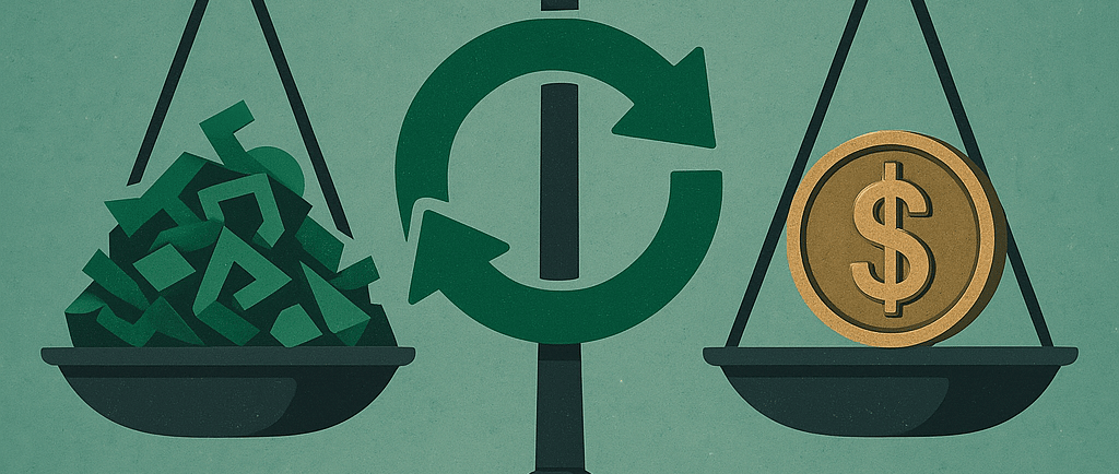Balanced scale with recycling symbol, weighing scrap on one side and a dollar coin on the other.