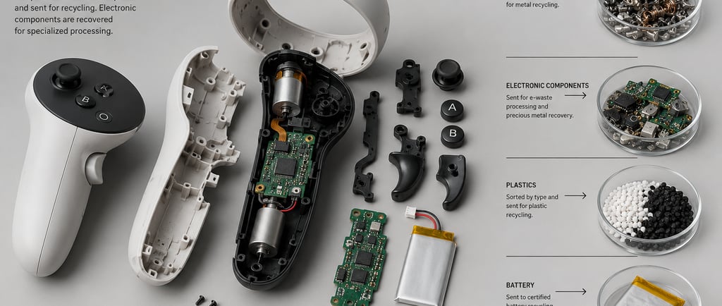 Opened VR haptic controller being disassembled for metal and component recycling.
