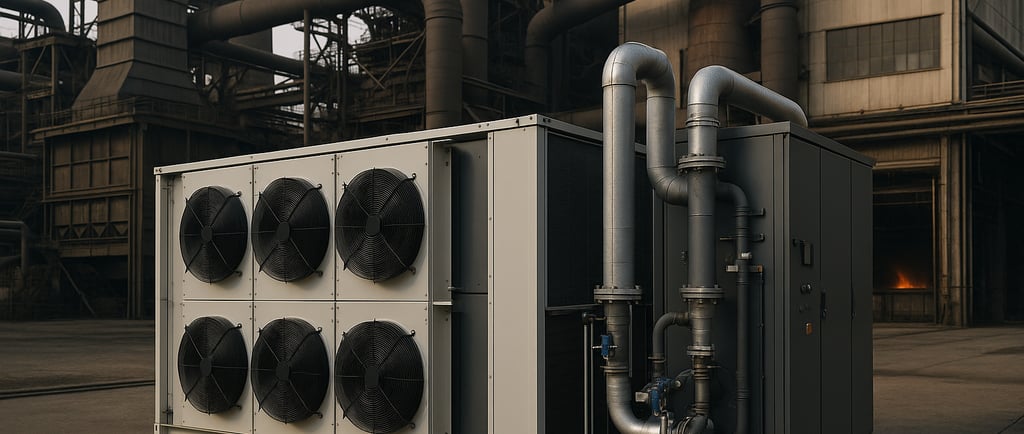 Industrial heat pump system installed beside an electric arc furnace building in a steel melt shop.