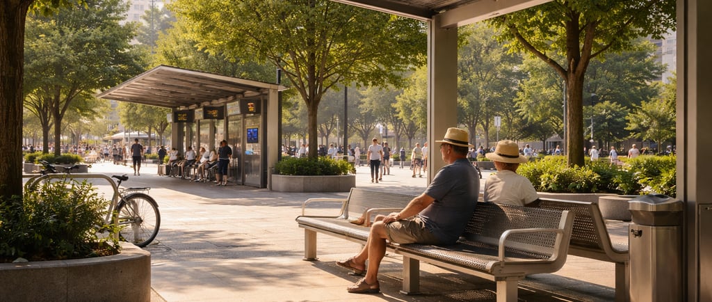 Shaded urban plaza with a recycled aluminum bench under a canopy near a transit stop.