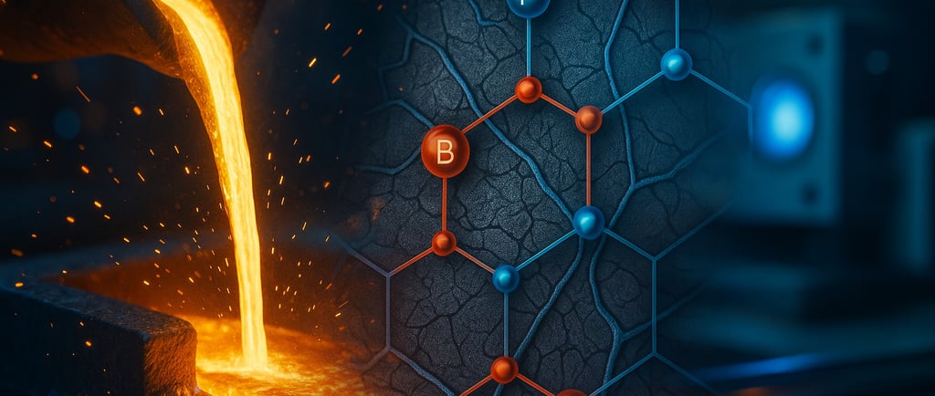 Molten steel with glowing microstructure showing boron and phosphorus interaction.