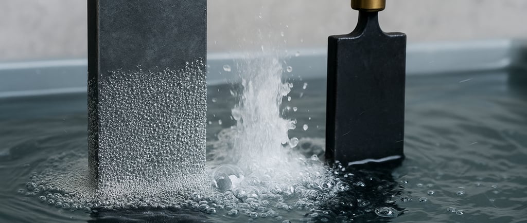 metal electrodes in electrolyte bath with bubbles forming during electrochemical cleaning