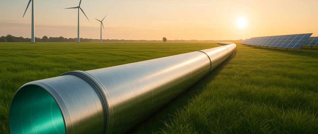 Hydrogen pipeline in green field at sunrise, with wind turbines and solar panels beyond.