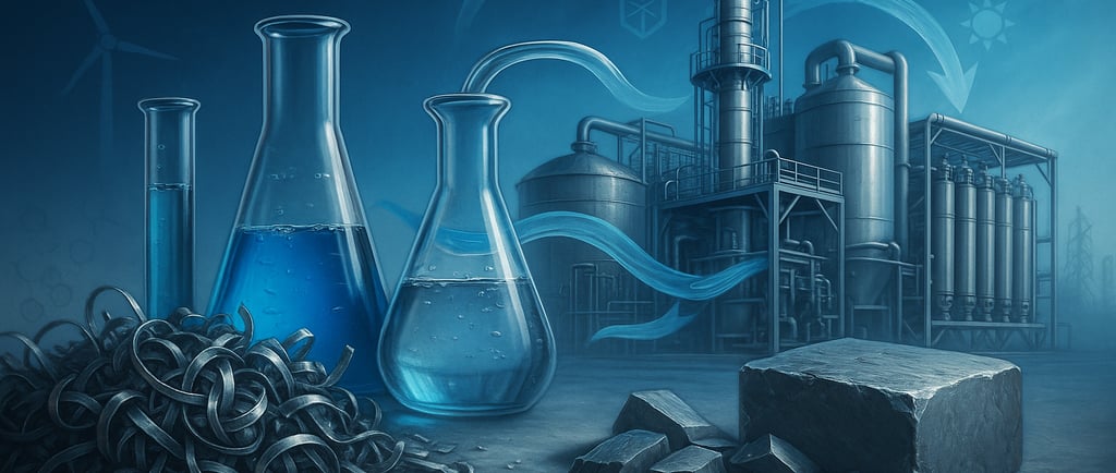 Titanium scrap with lab glassware and a recycling plant in the background.
