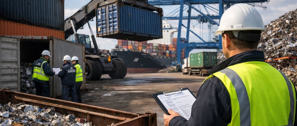 Customs inspection of scrap metal containers at a busy seaport.
