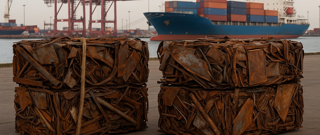 Rusted metal scrap bundles stacked at a shipping port with gantry cranes & a cargo ship in the back.