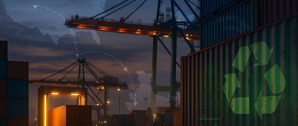 Dusk port with container scanner and US–India overlay.