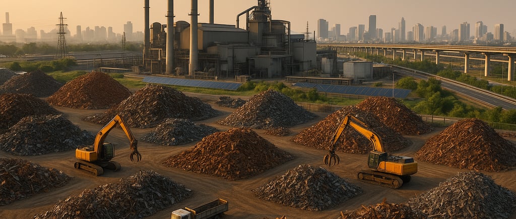aerial view of organized Indian scrap yard feeding a modern steel plant with city skyline in back