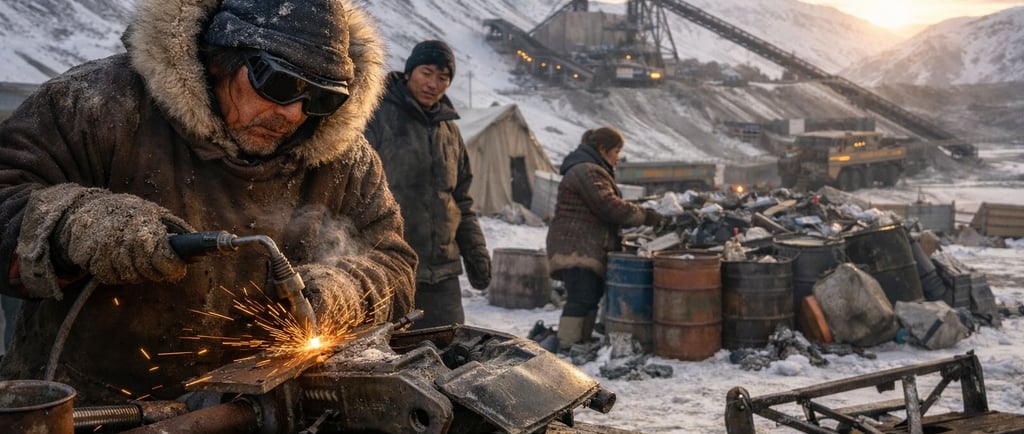 Indigenous workers repairing and sorting scrap metal near an Arctic mining site.