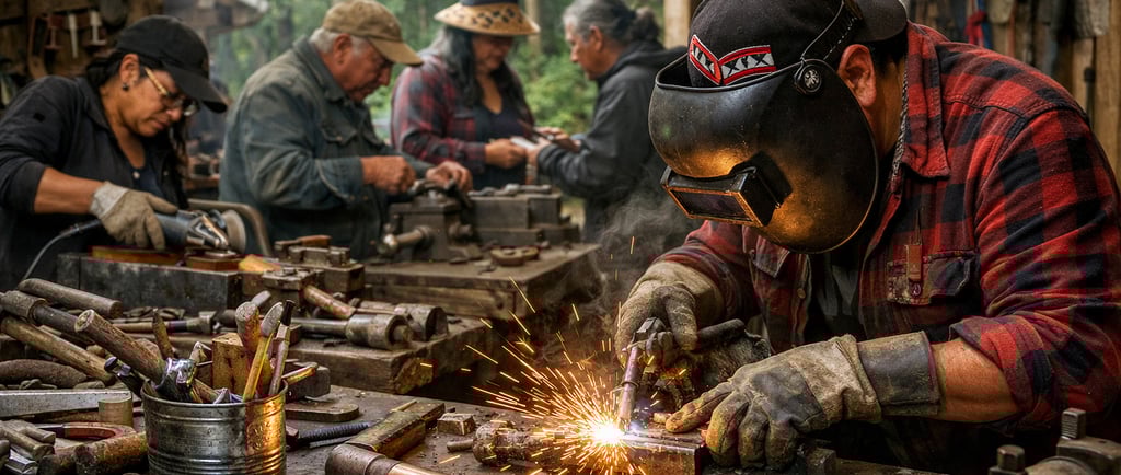 Indigenous artisans repairing metal tools in a forest workshop with welding sparks and shared bench