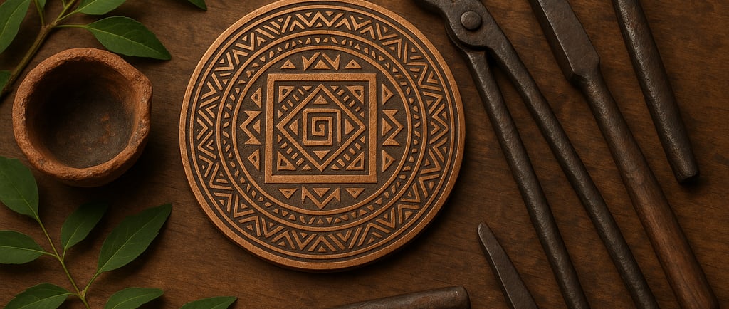 Indigenous metal tools and a carved metal disc with tribal patterns on a wooden surface with leaves