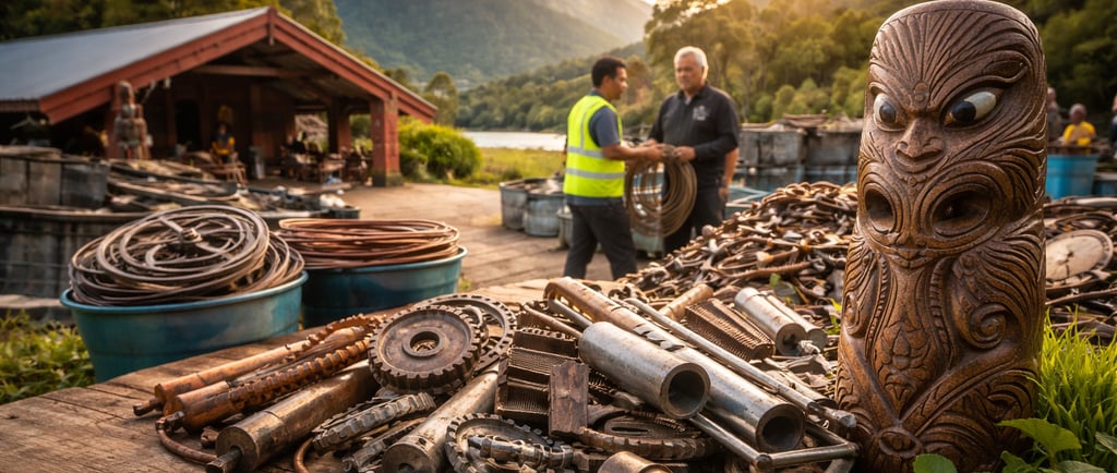 Reclaimed metal parts at a rural Aotearoa site with Māori carving, workers, and mountain landscape.