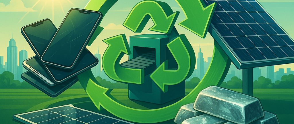 Indium recycling loop with phones, solar panels, and ingots.