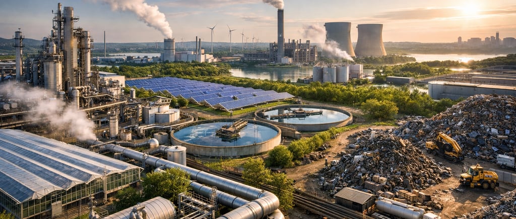 eco-industrial park with interconnected factories, shared pipelines, recycling operations, and water