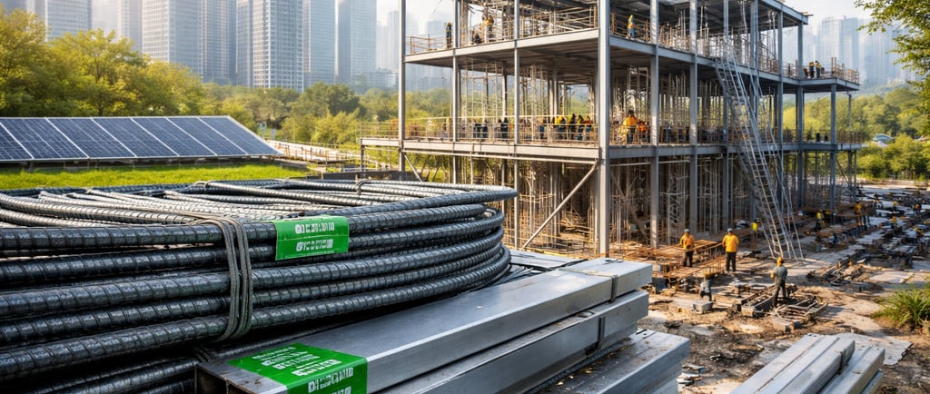 Steel-frame building with recycled metal materials in a resilient urban construction site.