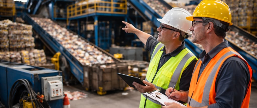 Two safety auditors review a tablet beside active conveyor lines in a recycling facility.