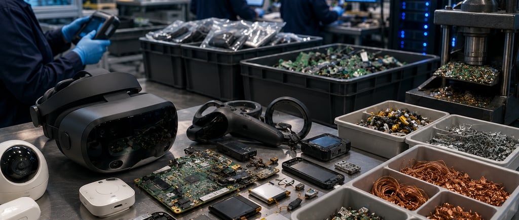 Technicians inspect retired XR headsets and IoT devices for secure data removal, repair, and metals.