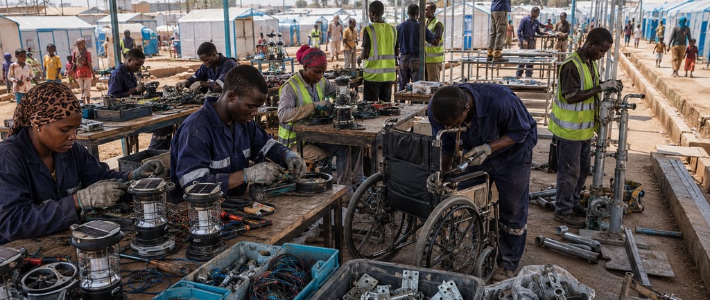 Workers repair solar lanterns, wheelchairs, pipes, and shelter frames inside a structured camp