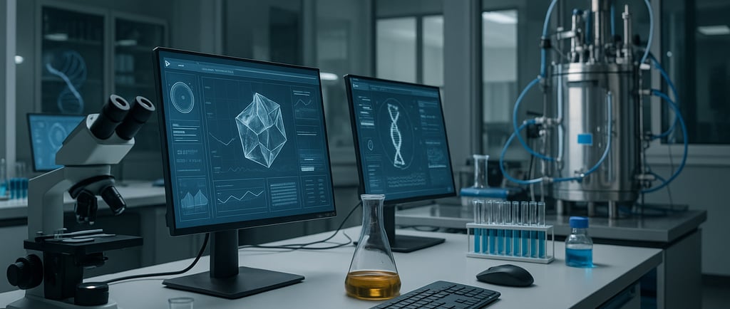 Modern biotech lab with monitors, microscope, bioreactor, and lab glassware for sustainable metal 
