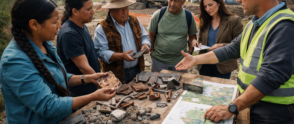 Community and engineers reviewing reclaimed materials and plans at a project site