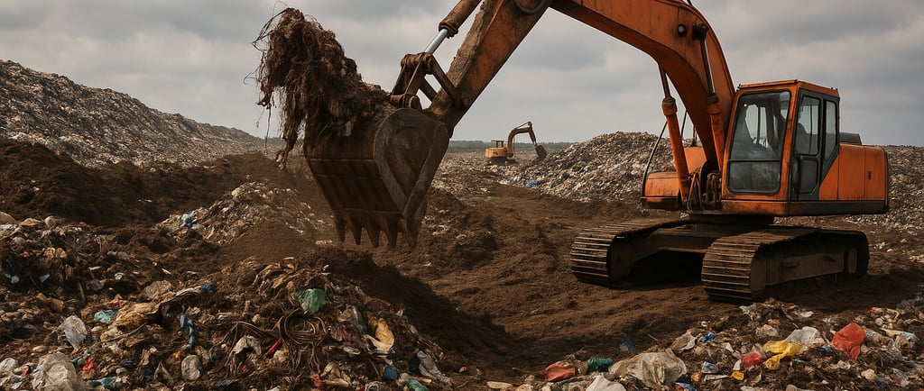 Excavator digging through landfill waste under cloudy sky.