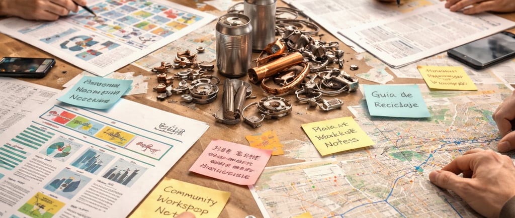 Close-up of a planning table with metal samples, maps, multilingual notes, and outreach materials