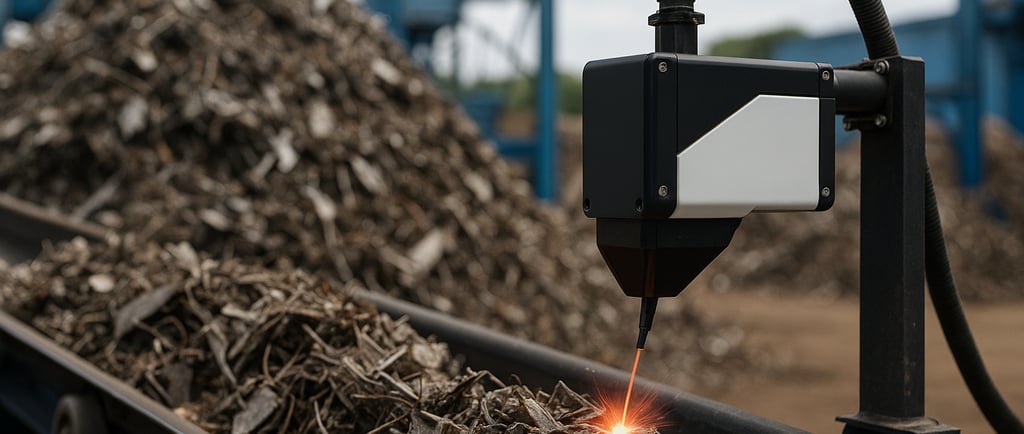 LIBS sensor analyzes nickel scrap on a conveyor with a plasma spark.