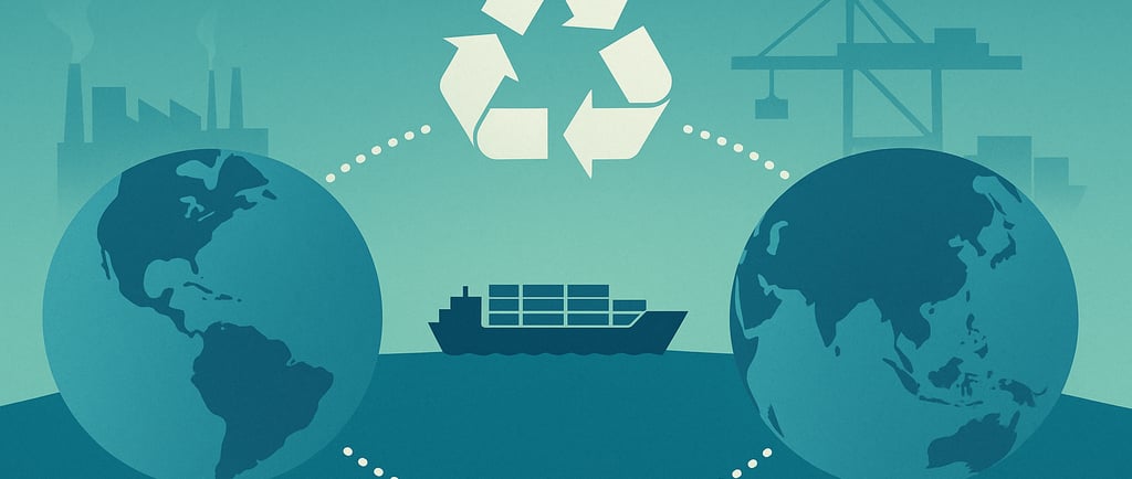 Cross-border circular trade illustration with two globes, a dotted shipping route, a cargo ship