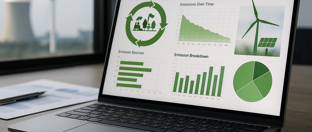 Laptop showing life cycle and emissions charts, with wind turbines outside an office window.