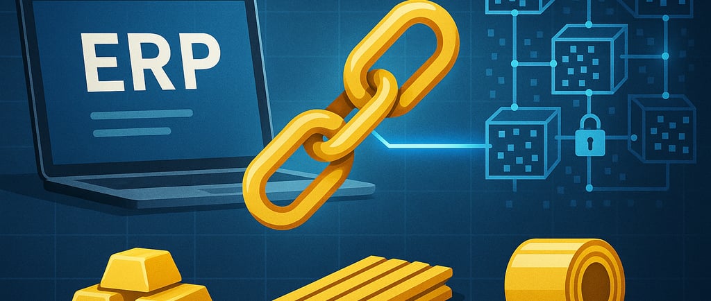 ERP linked to blockchain for metals traceability with digital chain and metal elements.