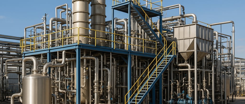 Industrial plant with tanks and pipes under clear blue sky.