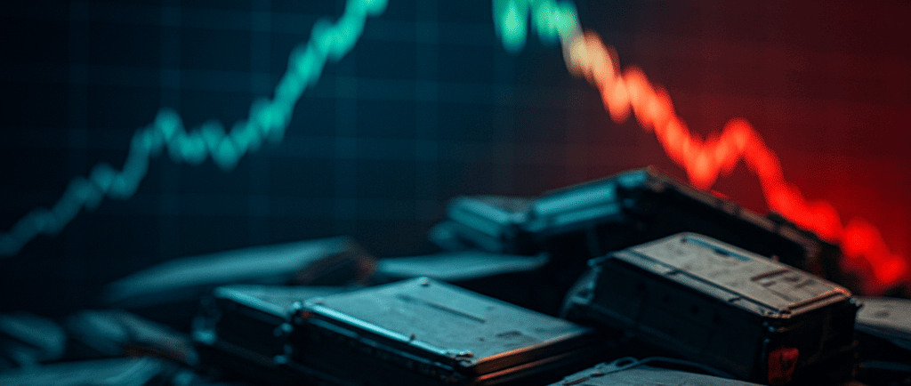 Discarded EV battery packs with a blurred price chart in the background.