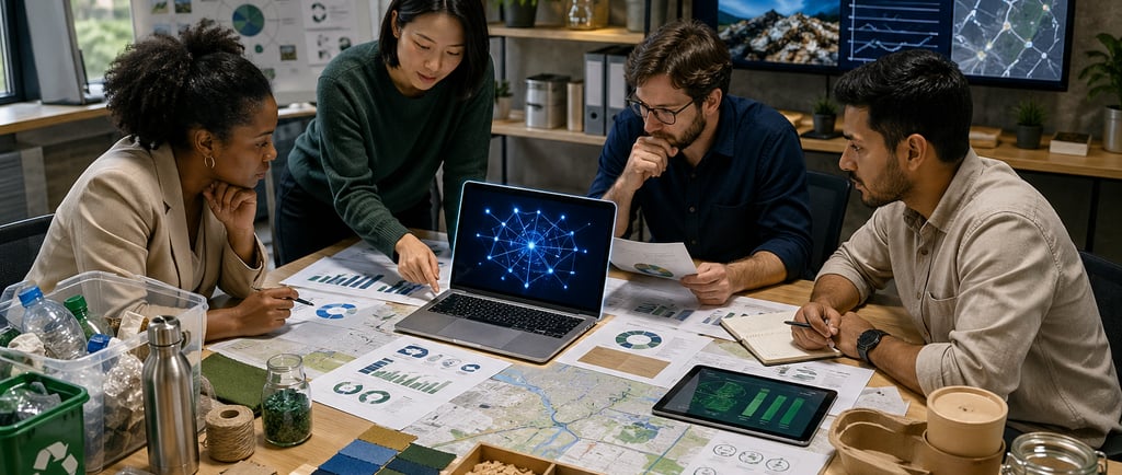 Sustainability team reviewing circular project data and grant materials with an AI-assisted laptop.