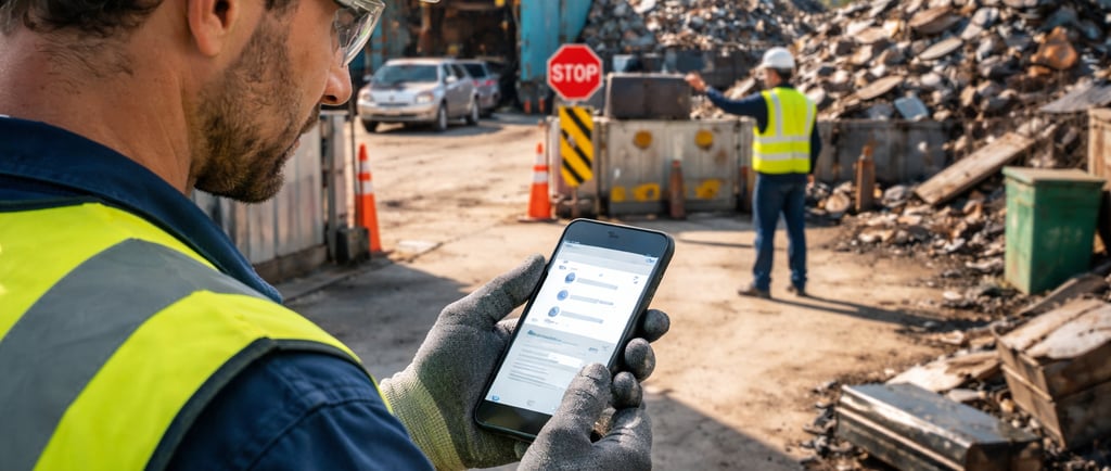 Visitor in safety gear checks a phone at a scrap yard entrance while a worker directs traffic 