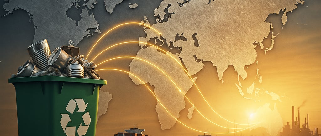 Recycling bin before metal world map with glowing trade routes and cargo ships.