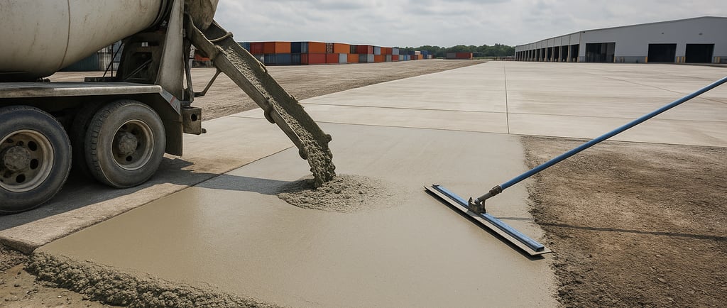 Fresh low carbon concrete poured and leveled in an industrial yard with containers in the background
