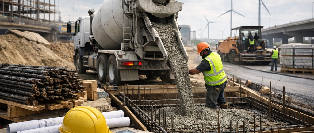  Concrete truck pouring into rebar foundation at a public works construction site with workers