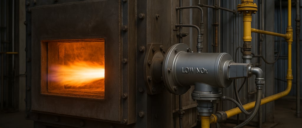 Industrial furnace with a low-NOx burner firing inside and connected gas piping.