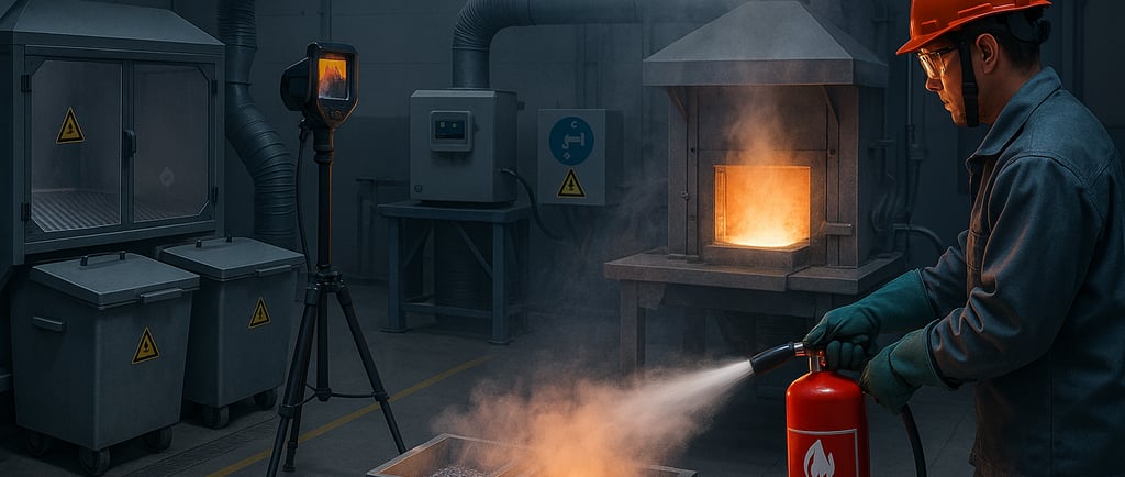 Worker extinguishing molten metal fire in magnesium processing lab.