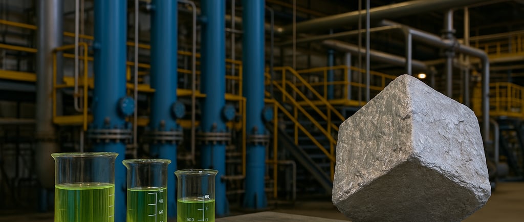 Magnesium recycling plant with ingot, green liquid beakers, and blue solvent extraction columns.