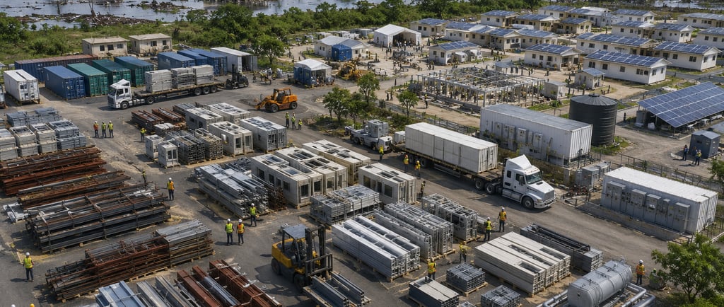 Organized material bank redeploying reused steel, modular parts, and microgrid systems.