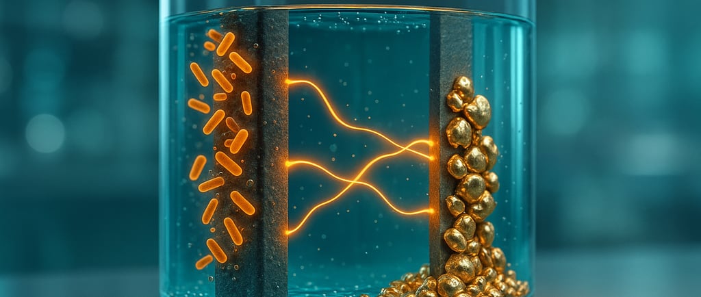 3D MEC: teal fluid, glowing microbes on one electrode, copper-gold deposits on the other.