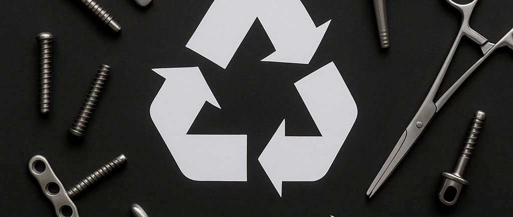 Surgical metal tools and implants arranged around a recycling symbol on a dark background.