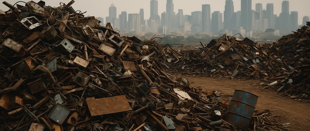 Scrap metal piles in a dusty yard with a city skyline in the background.