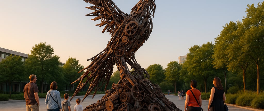 Golden-hour recycled-metal gear sculpture in a plaza with onlookers.