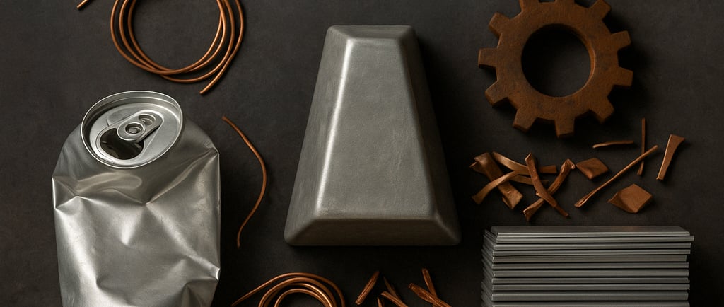 A photograph showcases various recyclable metals arranged on a dark surface, including a crumpled al