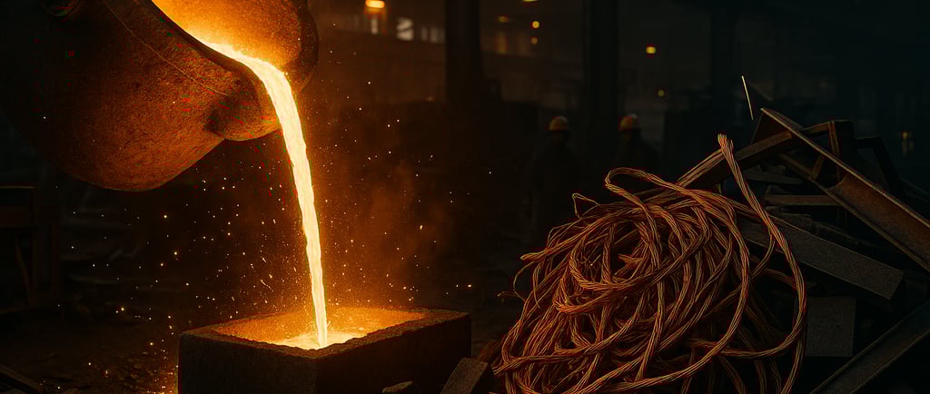 Molten metal pouring into a mold at a recycling plant, with copper wires, steel beams.