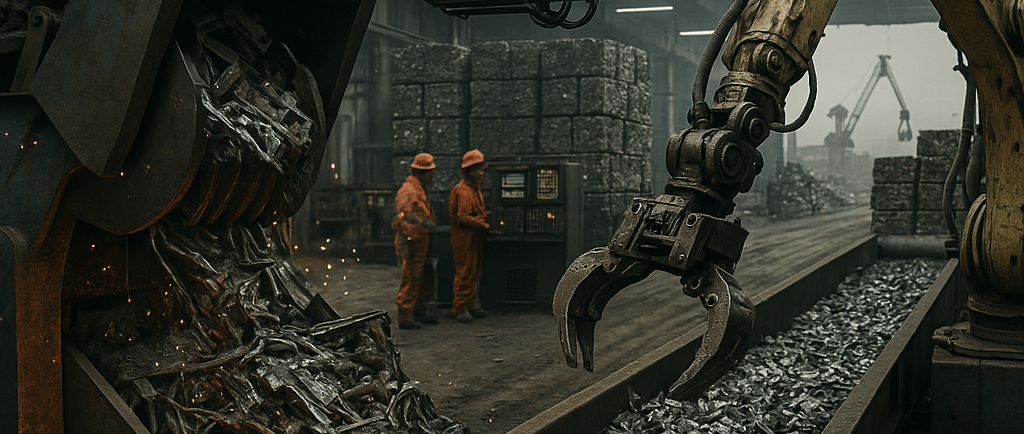Ultra-realistic metal recycling plant with industrial shredder, robotic arm, control panel workers,
